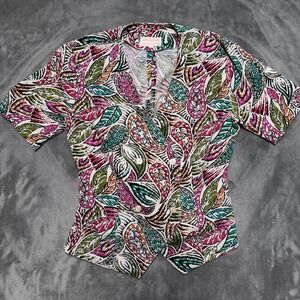 Vintage 80s Double Breasted Peplum Top Bold Abstract Paisley Maximalist Tropical